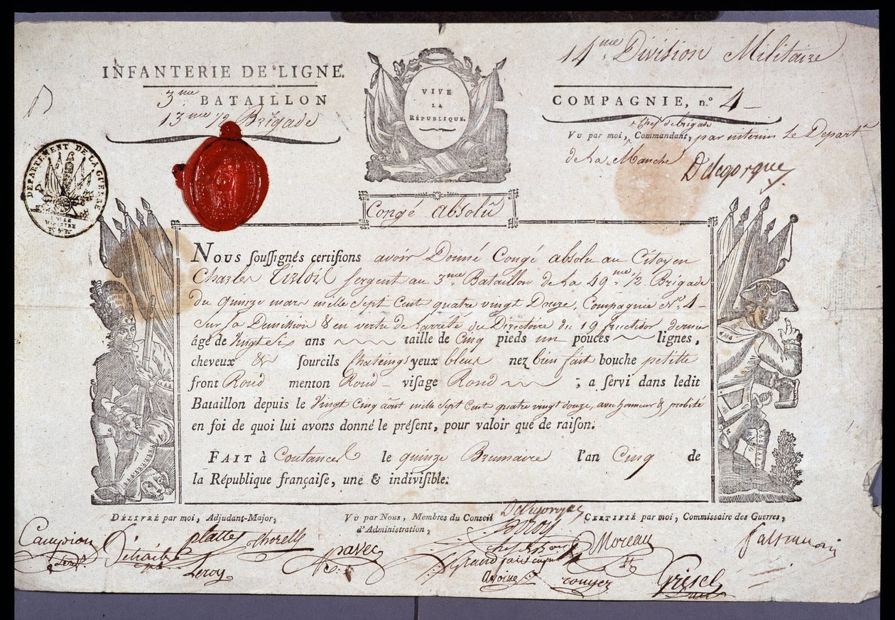 Revolução Francesa: documento oficial de um sargento do distrito de Coutances, com data de 15 Brumaire ano V (11/05/1796). Arquivos departamentais de Nord Lille de Anonymous Anonymous
