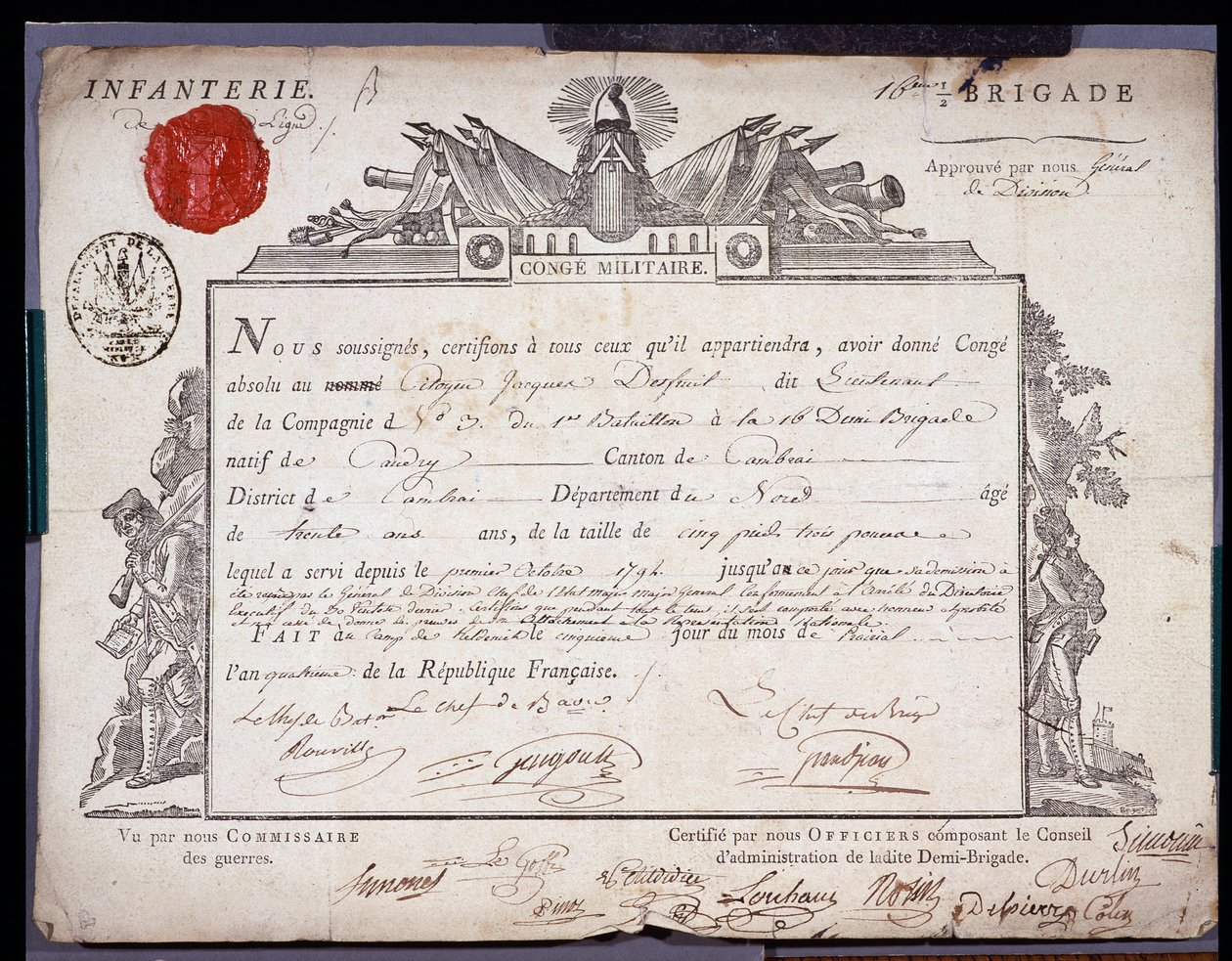 Revolução Francesa: documento oficial de congruência militar datado de 5 Prairial ano IV (24/05/1796) de um tenente da brigada do distrito de Cambrai. Arquivos departamentais de Nord Lille de Anonymous Anonymous