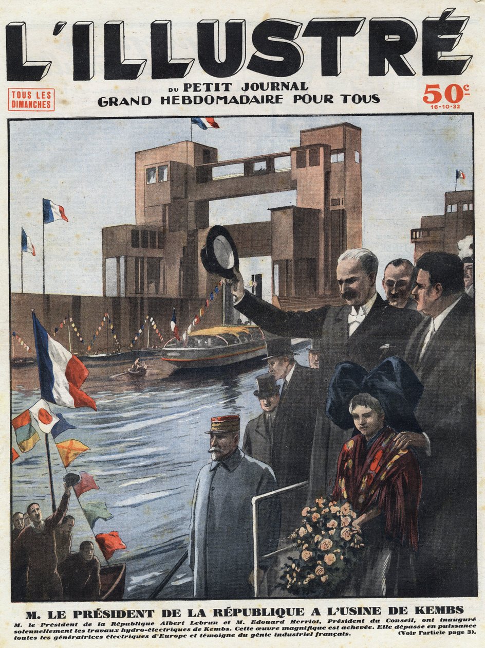 Indústria francesa: Albert Lebrun (1871-1950), presidente da República e Edouard Herriot (1872-1957), presidente do conselho inaugurou a central hidroeléctrica de Kembs, no Haut-Rhin (Haut Rhin), na Alsácia. Gravação do título de "L