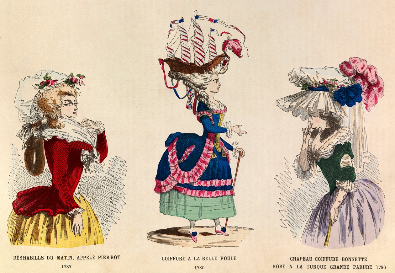 Da esquerda para a direita: Deshabille du matin chamado Pierrot em 1787; Hairstyle a la Belle Choule em 1780; Hat hat hat hat e vestir um grande adorno turco em 1786 - coleção particular de Anonymous Anonymous