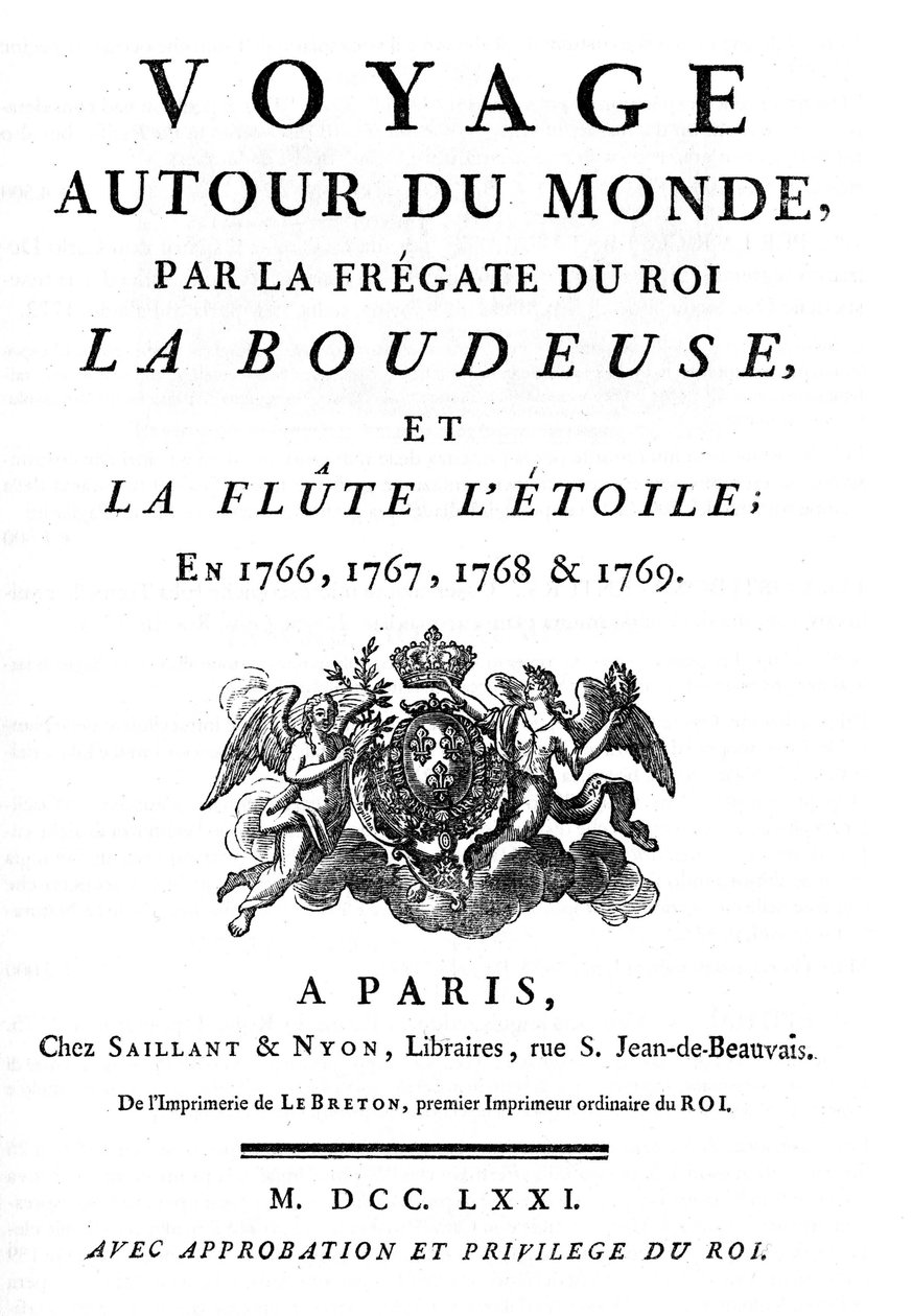 Frontispício de 1771 do livro "Voyage Around du Monde par la frigate du roi la boudeuse et la flute L