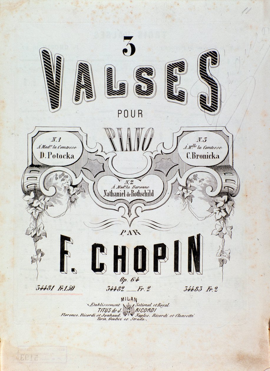 Frontispice da partitura para "3 valsas para piano" de Frederic Chopin (1810-1849) Coleção Privada do século XIX de Anonymous Anonymous