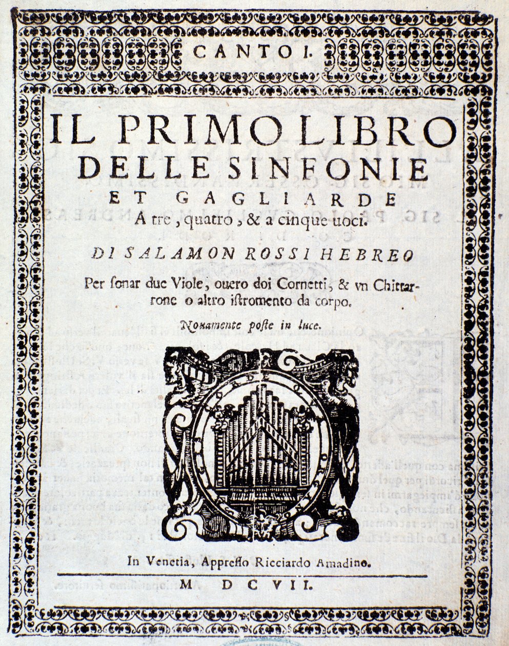 Frontispício de Primo libro di sinfonie e gagliarde de Salomone Rossi de Anonymous Anonymous