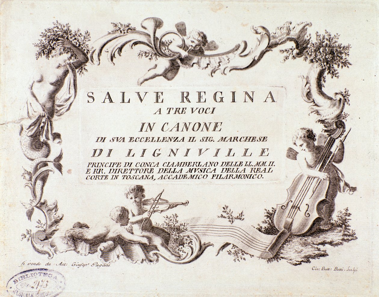Frontispício de uma partitura musical do hino Salve regina para três vozes do marquês de Ligneville (1768) de Anonymous Anonymous