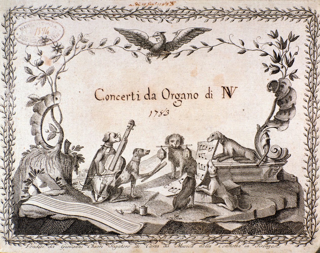 Frontispício de uma partitura musical com representação de animais tocando instrumentos musicais (1783) de Anonymous Anonymous