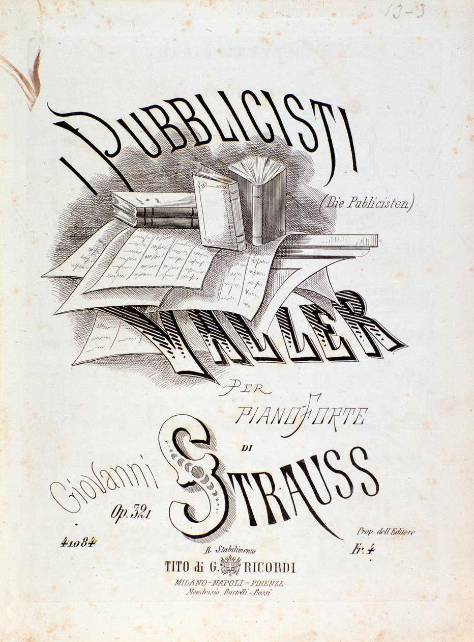 Frontispício da partitura musical de The Publicists (Op. 321) de Johann Strauss de Anonymous Anonymous