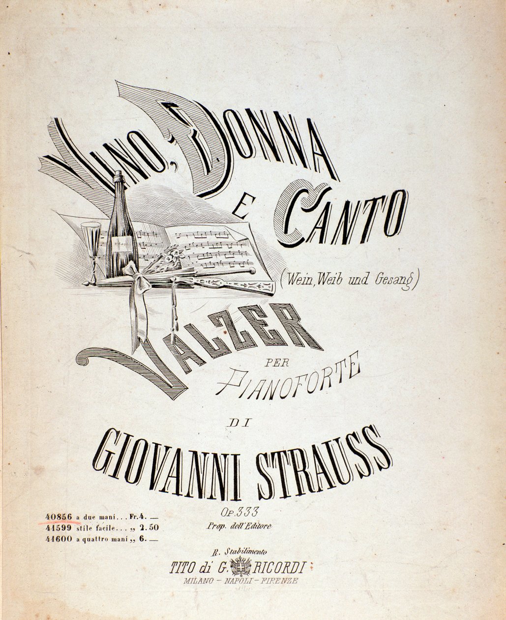 Frontispício da partitura musical de Wine, Women, and Songs de Johann Strauss de Anonymous Anonymous