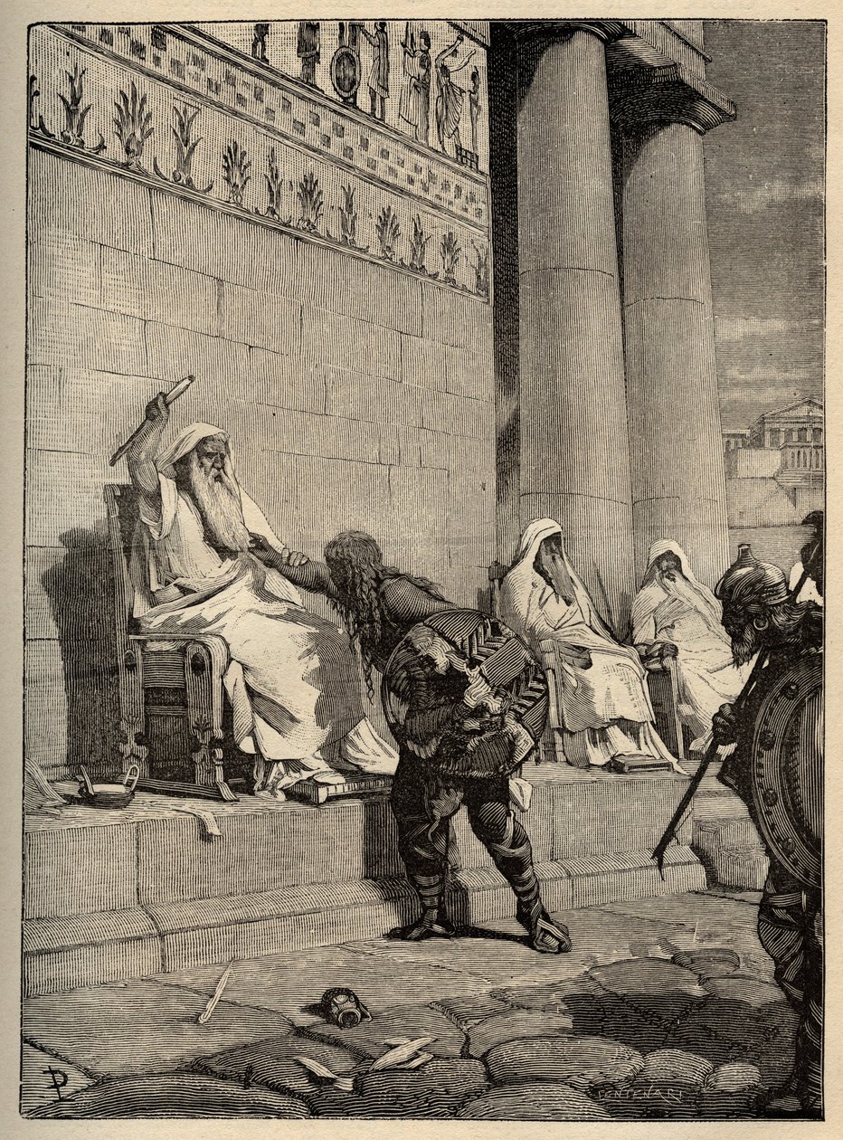 O líder galego Brennus (Brennos) volta à capital romana em 390 AC. - Os Gauleses em Roma - Sacking de Roma - gravura de 1890 de Anonymous Anonymous