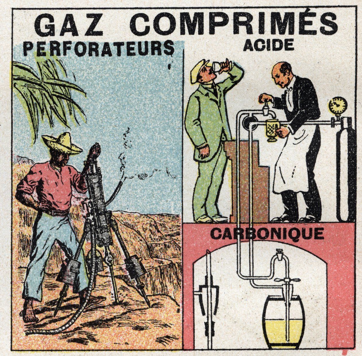 Pressão do gás: panelas de gás utilizadas em perfuradoras de ar comprimido e no fabrico de cerveja. Ilustração anónima a partir de 1925. Coleção privada. de Anonymous Anonymous