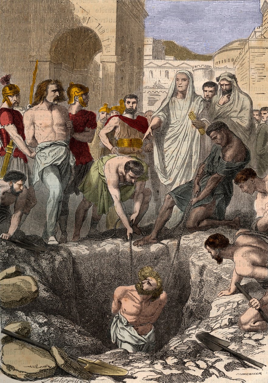 Gauleses enterrados pelos Romanos - Gravura do século XIX na "História Nacional ilustrada da França desde os tempos mais remotos até aos nossos dias" 1876 - Colecção privada de Anonymous Anonymous