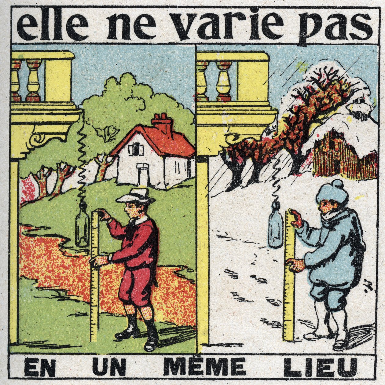 Grainness: não varia em um só lugar. Uma criança medindo a gravidade com uma primavera no mesmo lugar no verão e no inverno. Ilustração anónima de 1925. Coleção particular. de Anonymous Anonymous