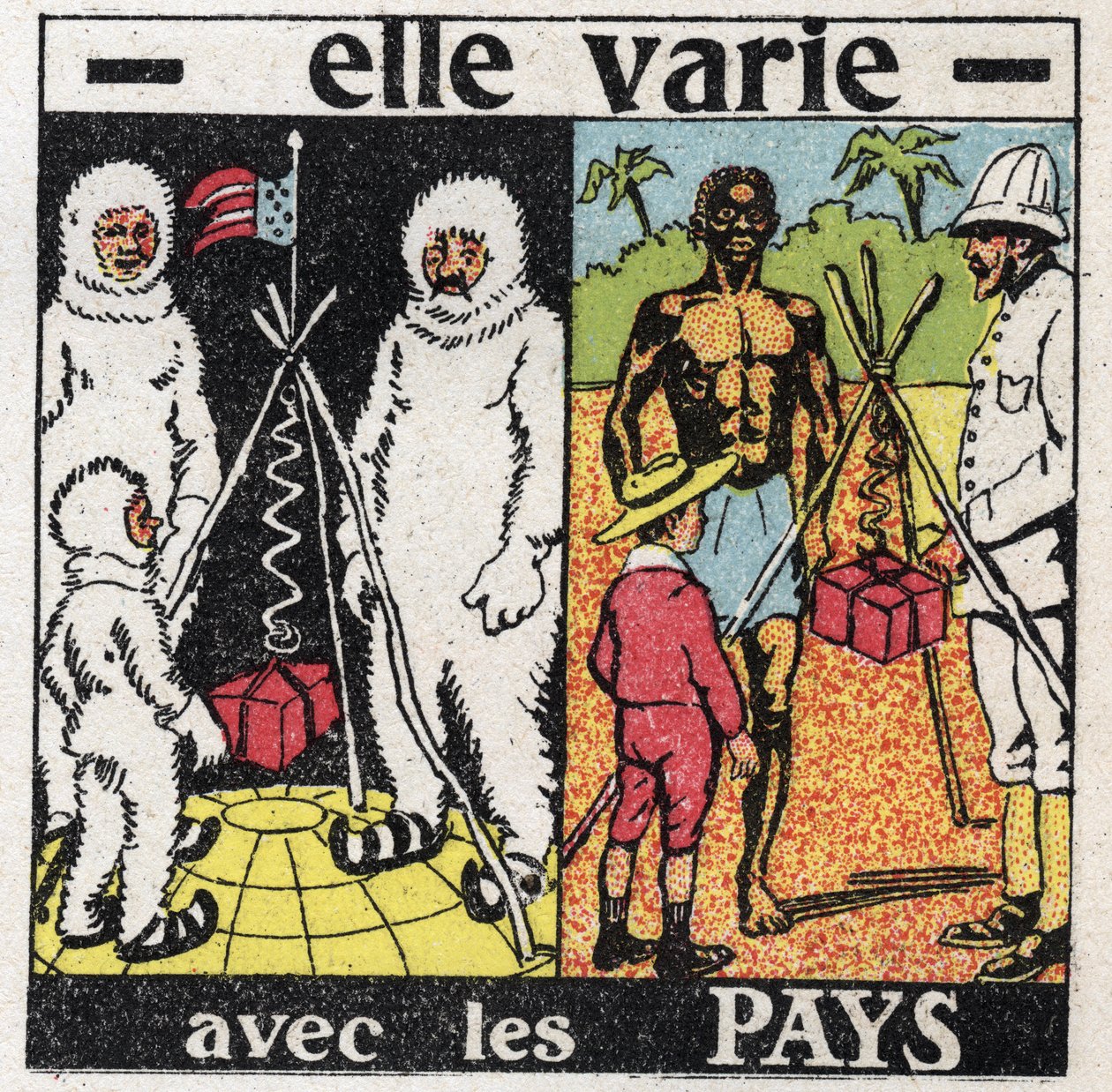 Grainness: varia com os países. Medindo a gravidade com uma mola no pólo e depois no Equador. Ilustração anônima de 1925. Coleção privada. de Anonymous Anonymous