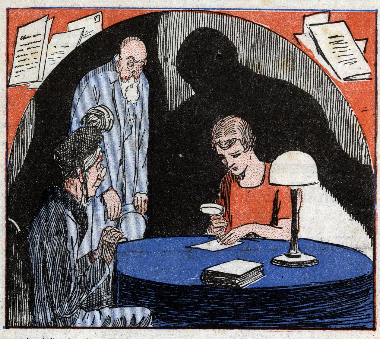 Grafologia: um grafólogo, consultado por um casal de idosos, lê com uma lupa a escrita manuscrita de um indivíduo para deduzir características psicológicas. Gravura em "Le Petite Journal illustrious" 1926. Coleção particular. de Anonymous Anonymous