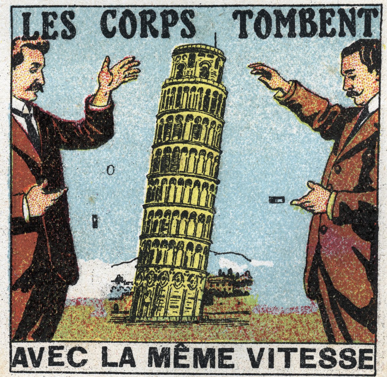 Gravidade: corpos caem com a mesma velocidade. Utilização da Torre de Pisa para ilustrar as leis da queda de corpos. Ilustração anónima a partir de 1925. Coleção particular. de Anonymous Anonymous