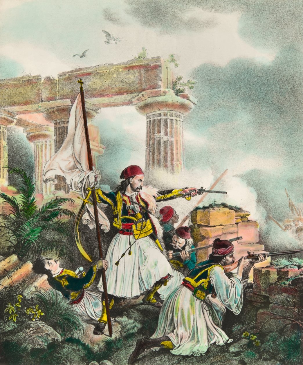 Guerra da Independência da Grécia contra o Império Otomano: a bandeira sobe para Salona por Nickolaki Mitropolos após a revolta de 25/03/1821. Litografia da Coleção Privada do século XIX de Anonymous Anonymous
