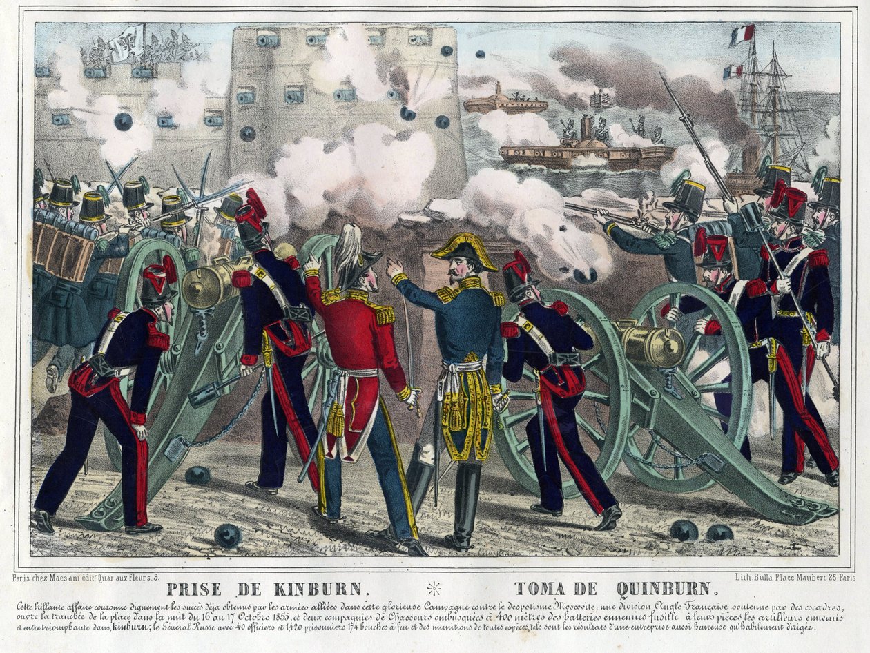 Guerre de Crimee - Bataille de Kinburn (1855) - Bombardeamento de Kinburn - Anónimo - 1857 - Litografia, aguarela - 29,5x42,7 - Colecção Privada de Anonymous Anonymous