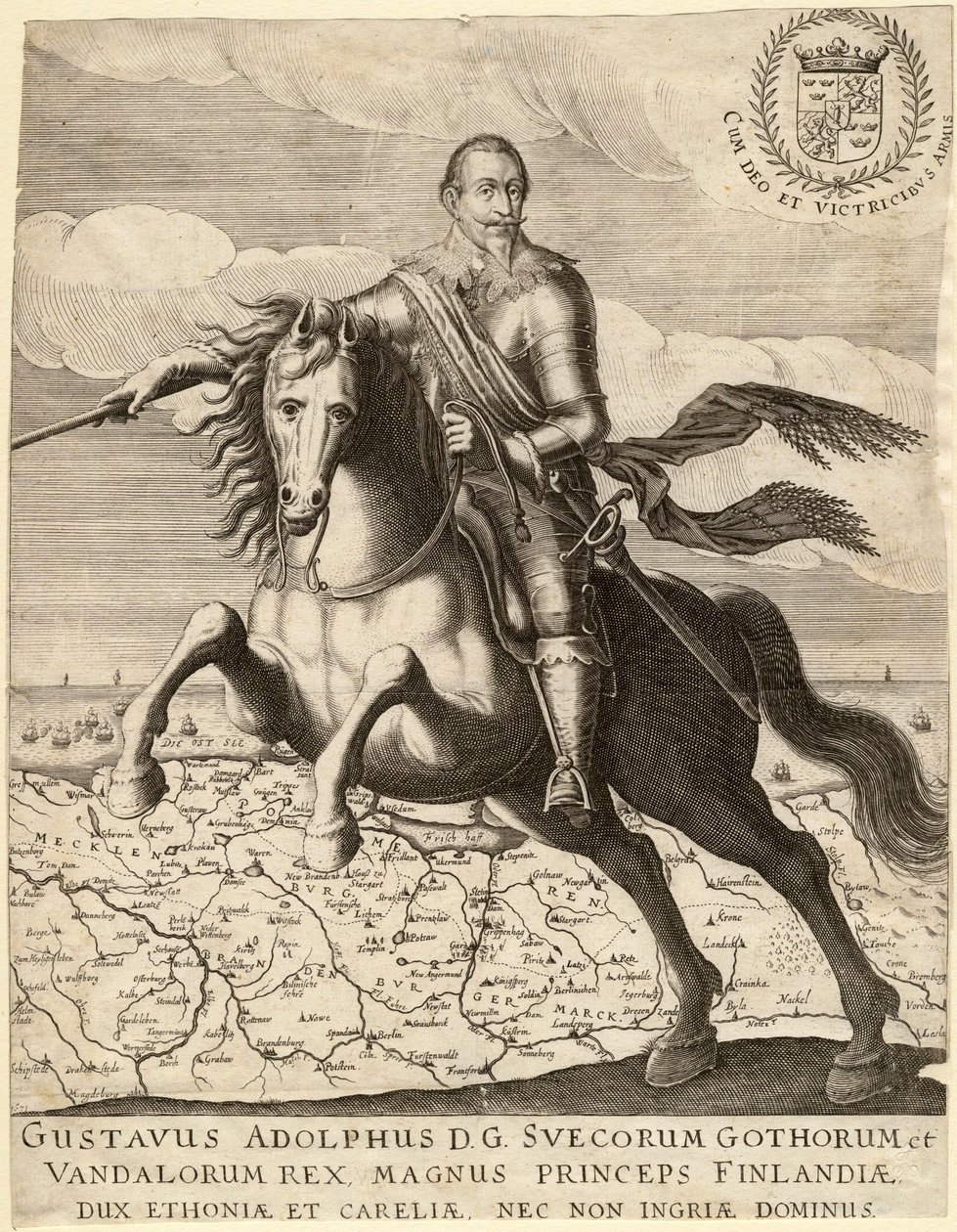 Gustave II Adolphe, dit le Grand ou le lion du Nord (1594-1632), roi de Suede, chevauchant la carte de Pomeranie - Gustavus Adolphus antes do mapa de Pomerania ao fundo - Anónimo - 1630 - Gravura em cobre - 30,4x23,9 - Colecção Privada de Anonymous Anonymous