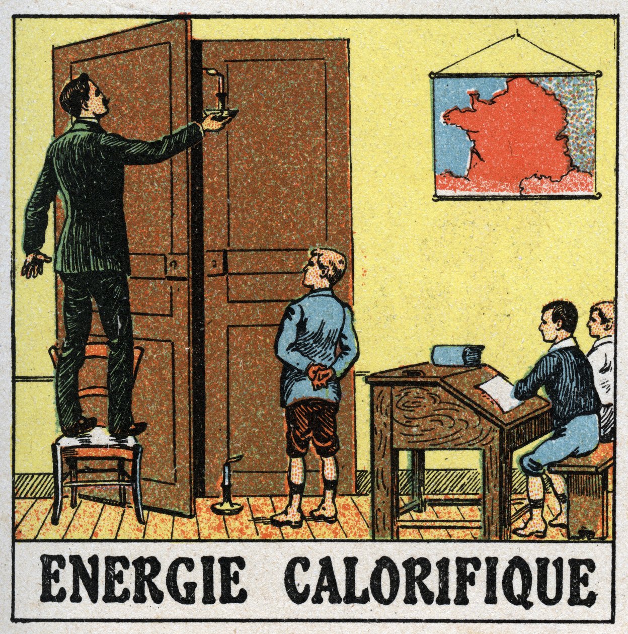 Energia térmica: um professor em uma sala de aula segura uma vela perto de uma porta aberta. Ilustração anônima de 1925. Coleção privada. de Anonymous Anonymous