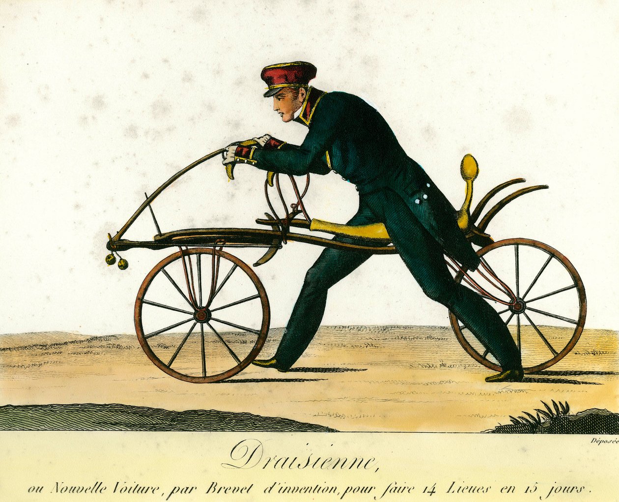 História da bicicleta: o draisienne, um carro novo muito popular por volta de 1818. Gravura de 1818. Coleção particular de Anonymous Anonymous