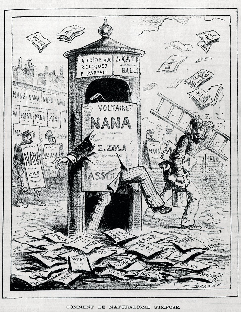 Como o naturalismo é imposto: desenho satírico no romance naturalista sobre o livro "Nana", de Emile Zola. Gravura do século XIX. Coleção particular. de Anonymous Anonymous