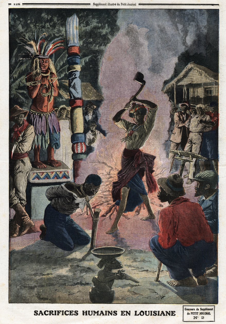 Sacrifícios humanos na Louisiana. Gravação no "Le petit Journal", em 21/04/1912. Colecção privada. de Anonymous Anonymous