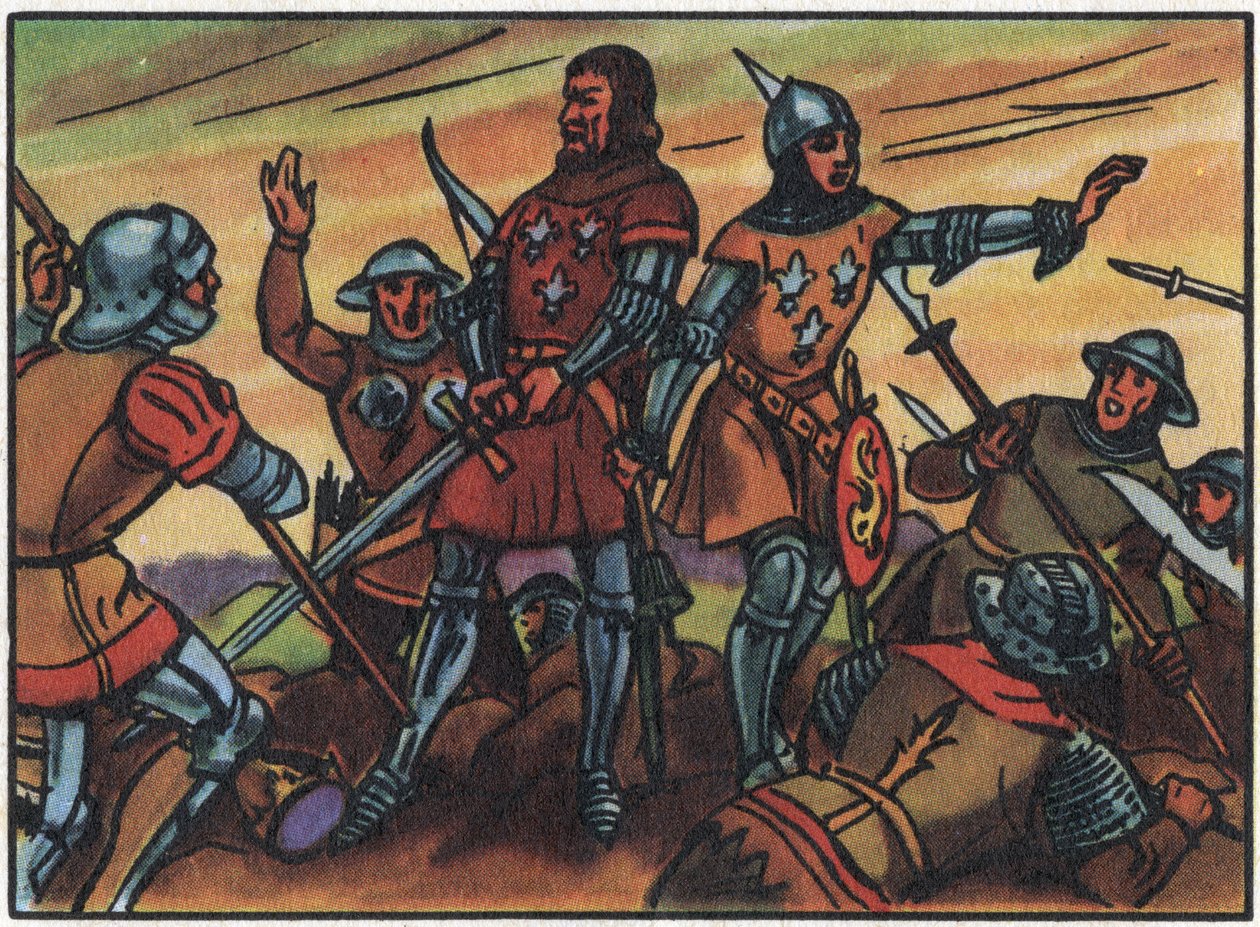 Guerra dos Cem Anos: "o Rei da França João II o Bom (1319-1364) foi feito prisioneiro pelos ingleses na Batalha de Poitiers em 19/09/1356". Ilustração anónima na "Collection des souverains et chefs d