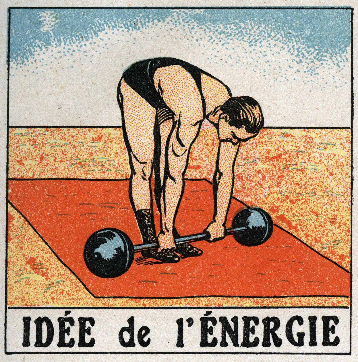 Ideia de energia: o atleta levantar um peso. Ilustração anónima de 1925. Coleção particular. de Anonymous Anonymous