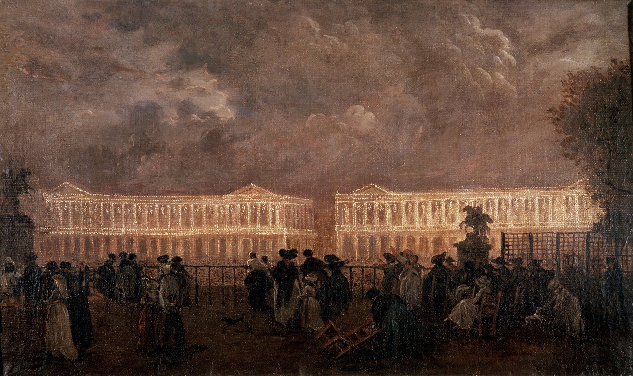 Iluminação da Place Louis XV (agora Place de la Concorde) em Paris em 1782 À esquerda, o actual Hotel Crillon e à direita, o Hotel de la Marine (Hotel du Garde Meuble). Pintura anónima de Anonymous Anonymous