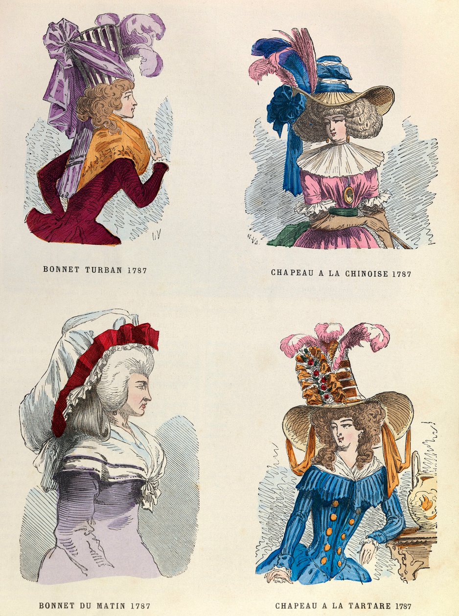 Em 1787 chapéu Turban; chapéu matinal; chapéu chinês e chapéu tártaro - coleção privada de Anonymous Anonymous