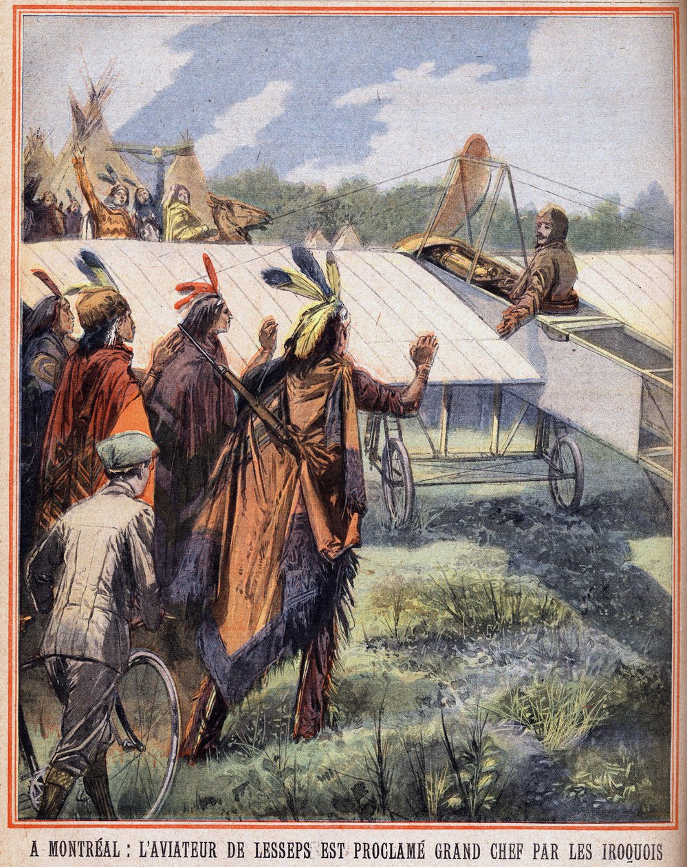 Em Montreal: O aviador de Charles Lesseps (1849-1923) foi proclamado grande chefe pelos índios iroqueses que o viram voar no céu. Gravação em "Le petit parisien" em 24/07/1910. Coleção privada. de Anonymous Anonymous