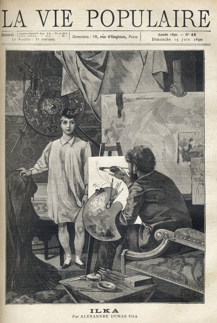 Numa oficina, um jovem modelo de camisa e meia com um pequeno chapéu de penas, posa para um pintor, instala-se no seu cavalete, segurando a sua paleta e pincéis, aplica-se ao seu esboço. Ilustração de Alfons Maria Mucha (Alphonse Marie Mucha de Anonymous Anonymous