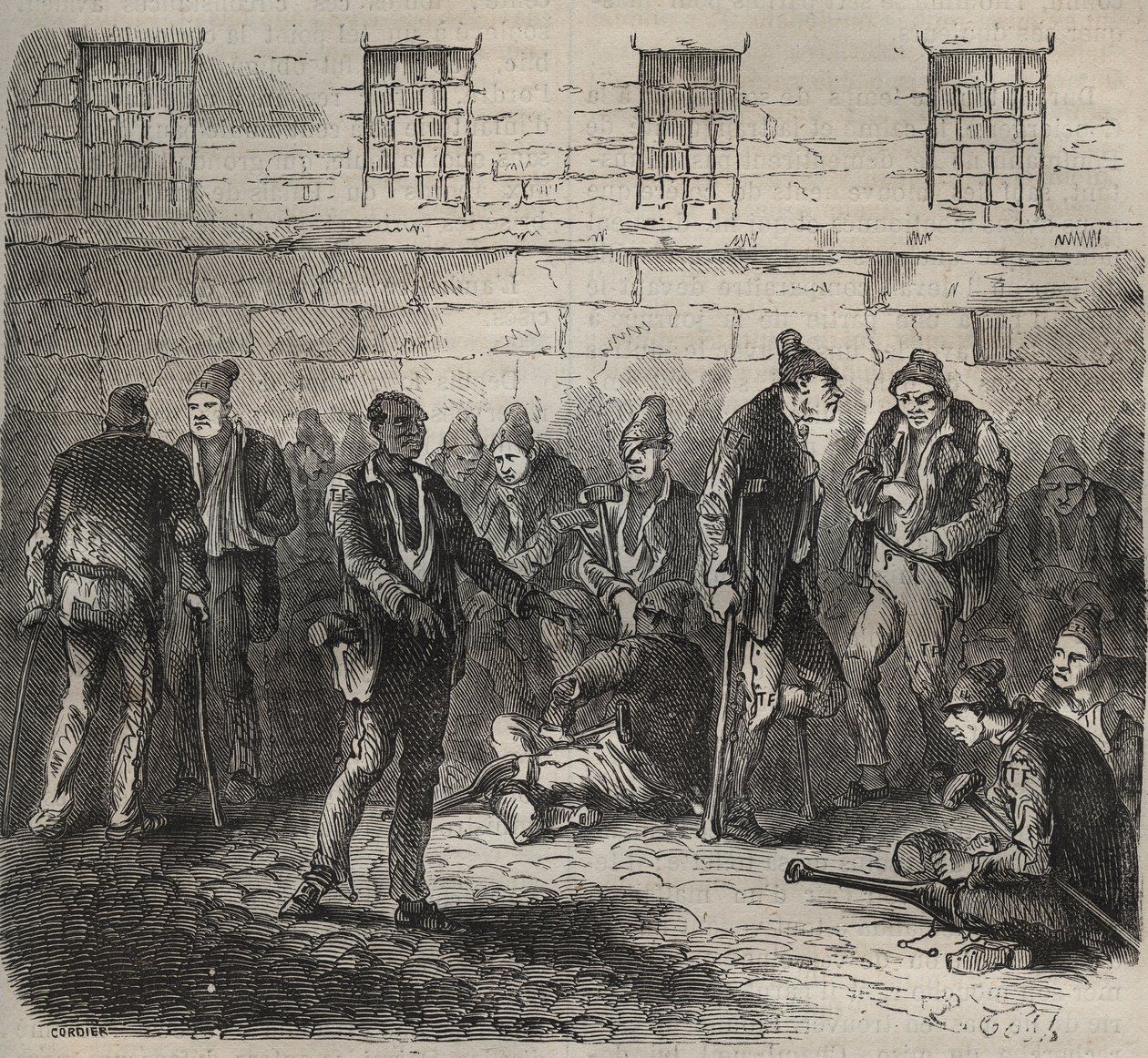 Forças doentes no Toulon Bagne, no século XIX. Gravação em "Histoire des bagnes depuis leur création à nos jours" (1877) de Pierre Zaccone (1817-1895) (Colonia Penale - colônia penal). Coleção particular. de Anonymous Anonymous