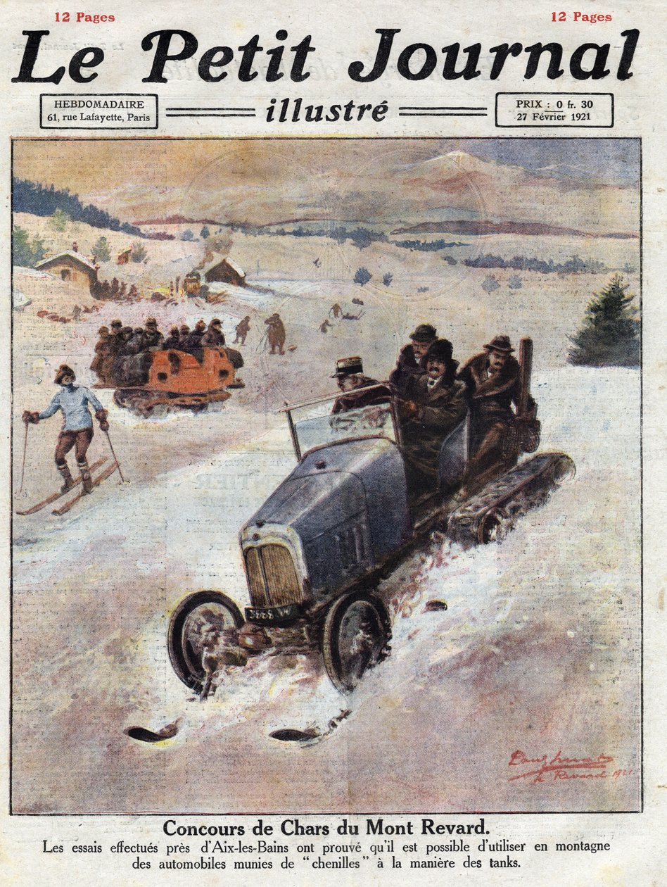 Inovação nos carros nas montanhas, as pistas são colocadas sobre as rodas evitando derapagens. Ilustração retirada do "Le petit journal" de 27/02/1921. Coleção Particular de Anonymous Anonymous