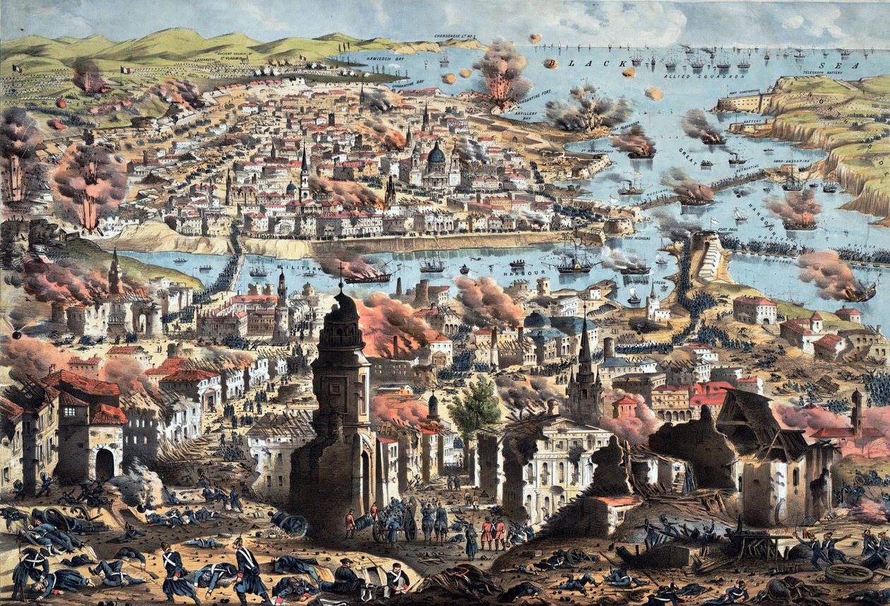 Interior de Sevastopol (Sebastopol) , destruição da cidade pelos russos, a sua retirada - Oficial de artilharia desconhecido - 1855 - Litografia a cores - 51,3x68,4 - Colecção privada de Anonymous Anonymous