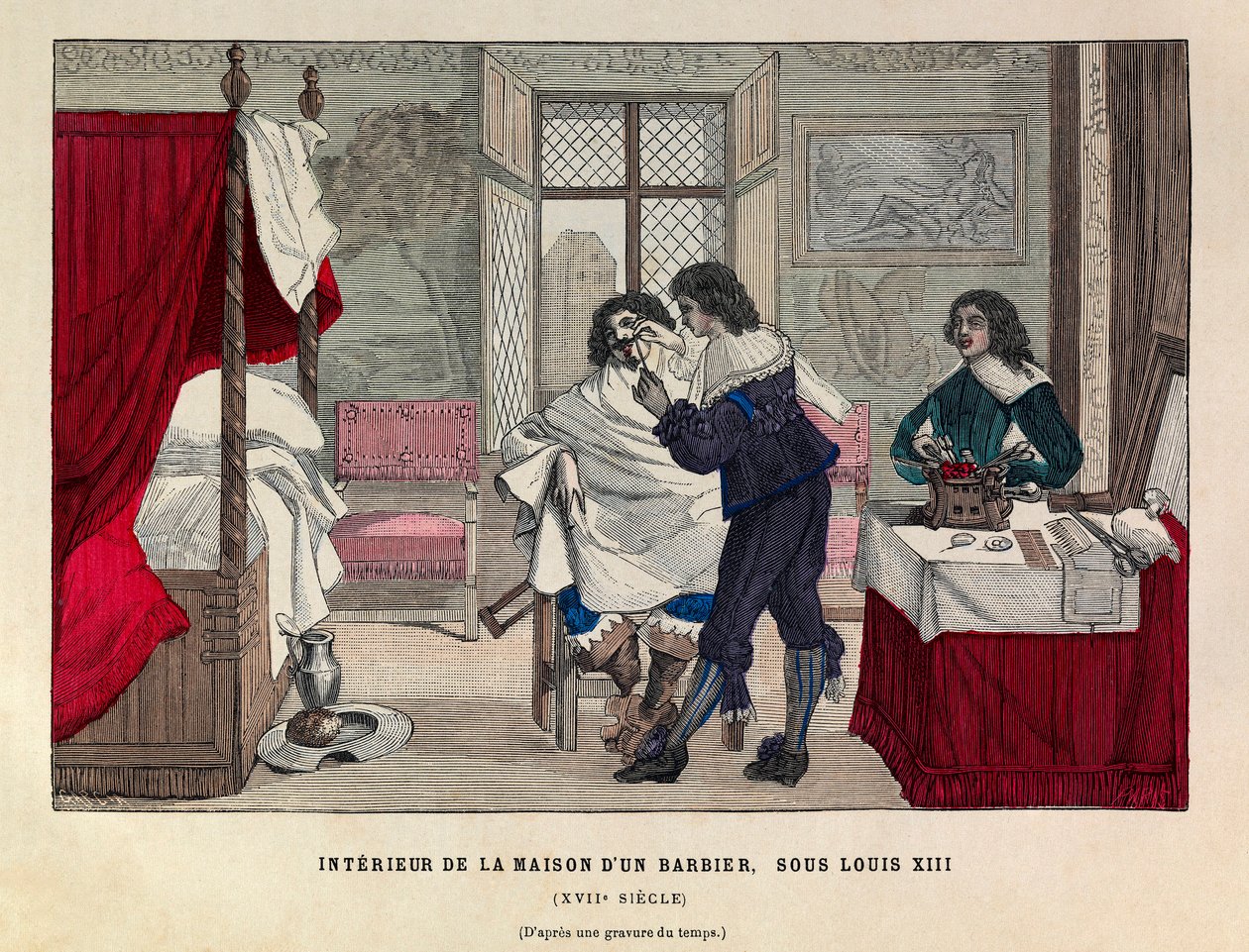 Interior de uma casa de barbeiro em Paris sob o reinado do rei Luís XIII no século XVII - Interior de uma casa de barbeiro, reinado do rei Luís XIII de França Século XVII - colecção privada de Anonymous Anonymous