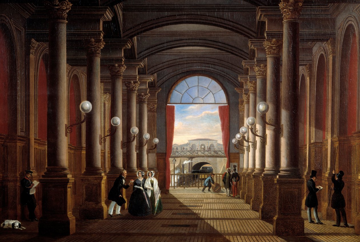 Vista interna da antiga estação Saint Lazare (Saint-Lazare) Pintura anónima. 1845 Sol. 1,35x1,85 m Paris, Musee Carnavalet de Anonymous Anonymous