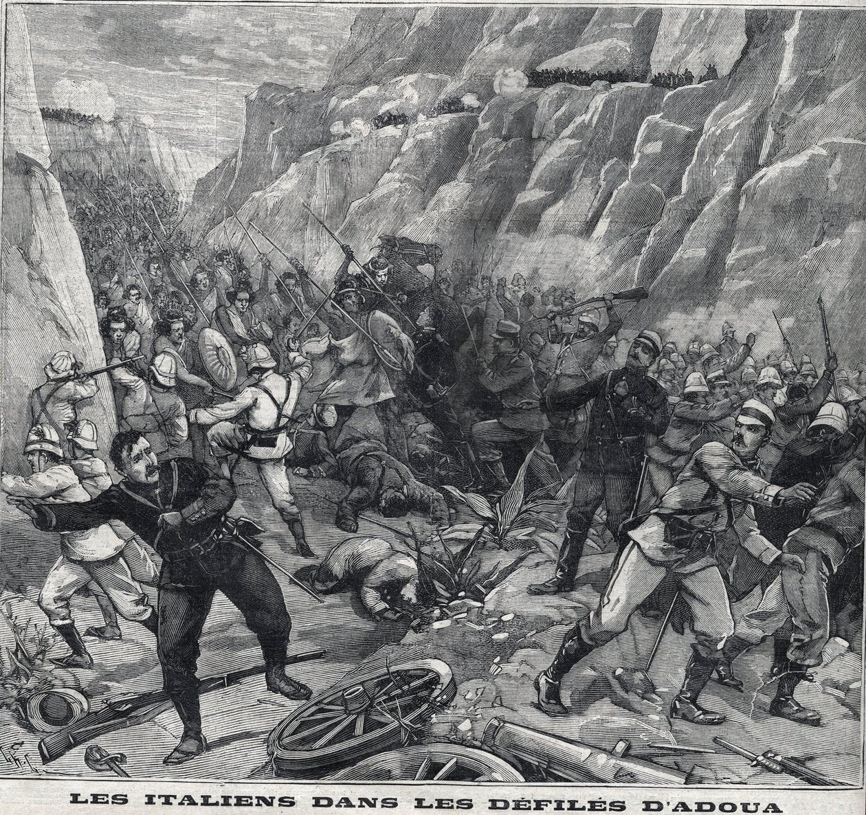 Italianos lutando contra o Adoua na Etiópia. Gravura em "Le Peute Parisien". de Anonymous Anonymous