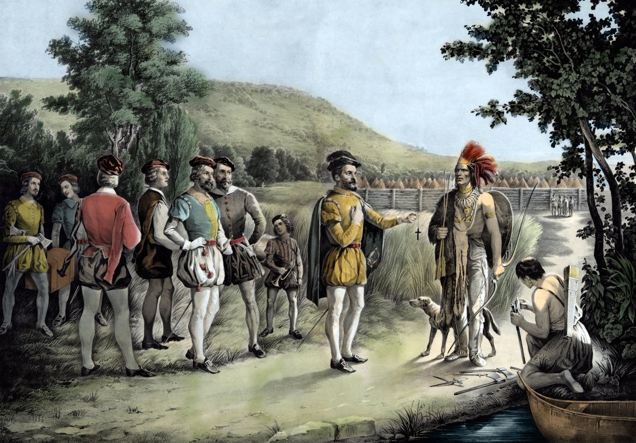 Jacques Cartier, sua primeira entrevista com os índios no Hochelaga, agora Montreal, em 1535 (litho de Anonymous Anonymous