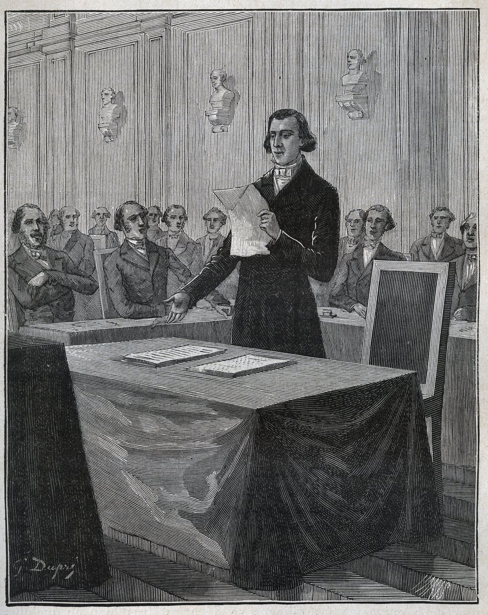 Jean Baptiste (Jean-Baptiste) Andre Dumas (1800-1884) químico francês apresentou à Academia de Ciências o seu relatório sobre a invenção Ruolz e Elkington. Gravura de 1885 em "Les arts et metiers illustres" de Adolphe BITARD. de Anonymous Anonymous