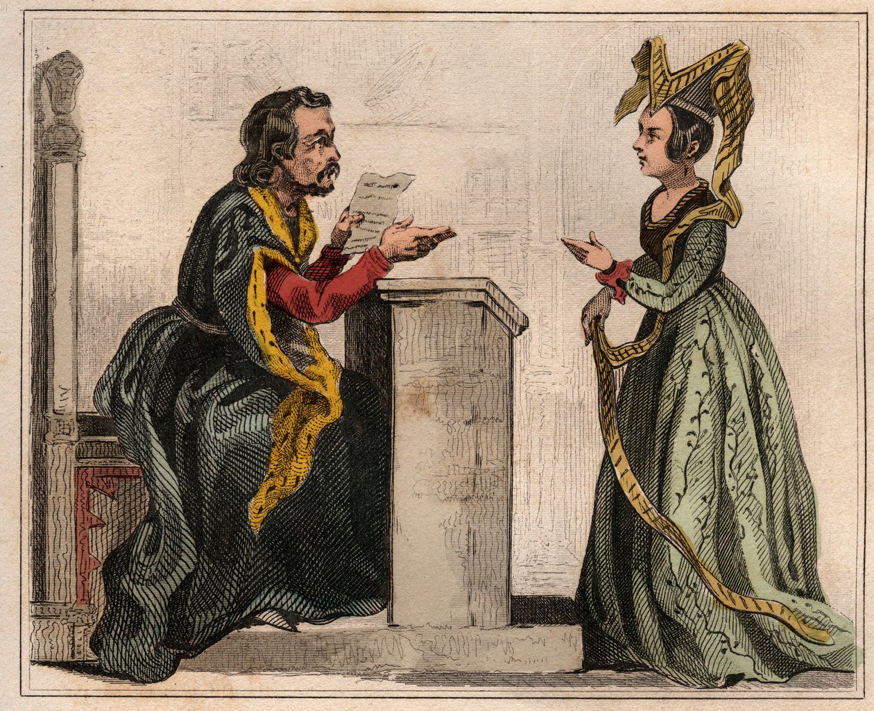 Jehan Pastoret (1328-1405), Presidente do Parlamento de Paris sob o reinado de Carlos V com uma mulher nobre, vestindo um liripião. Gravura de 1859 em "Le Monde. História de todos os povos desde os tempos mais remotos até os dias de hoje". por M. E. de Los de Anonymous Anonymous