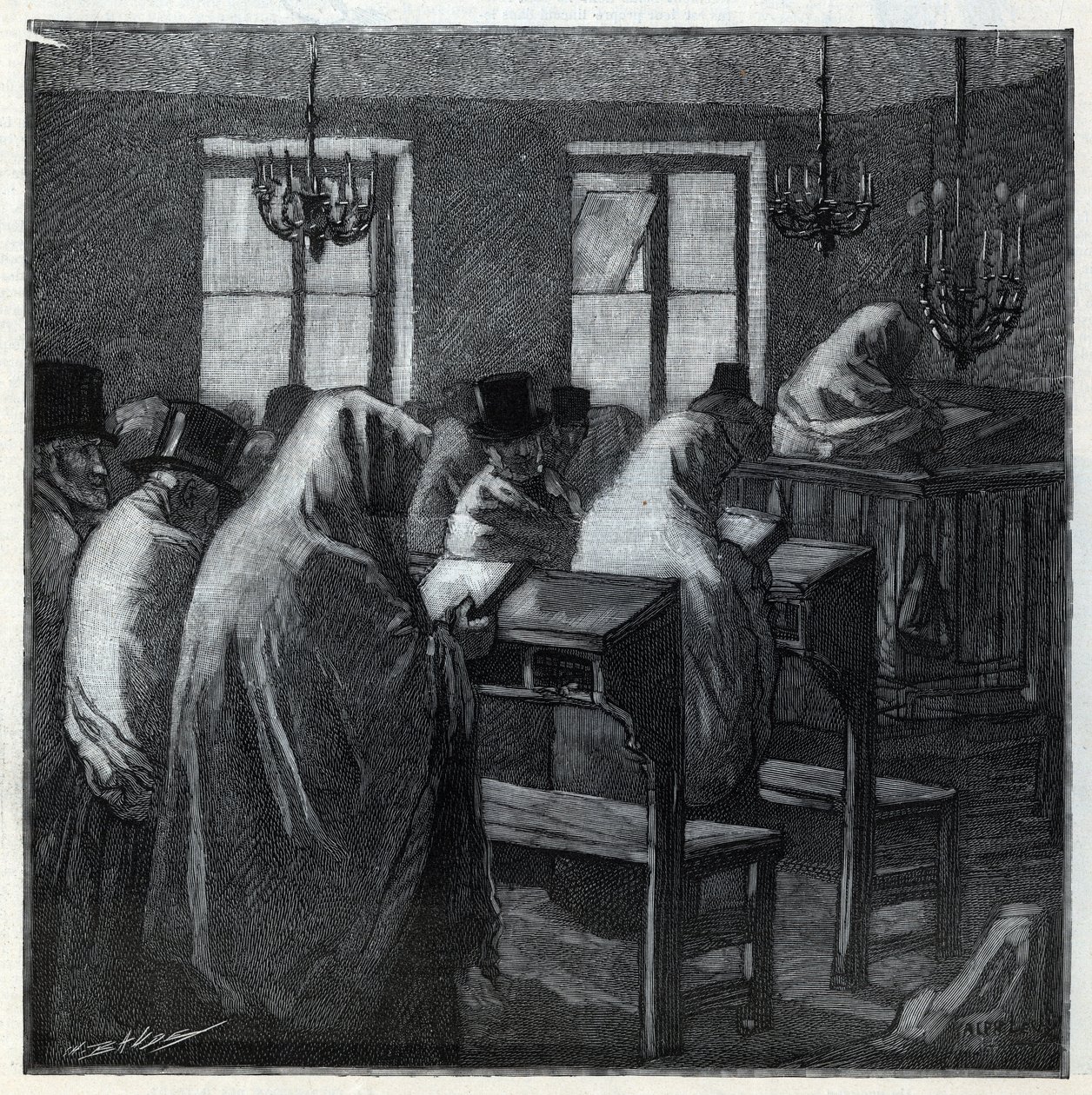 Festas judaicas: fideles durante a oração dentro de um oratório durante as férias. Gravura em "Le monde illustree" de 1892. Coleção particular. de Anonymous Anonymous