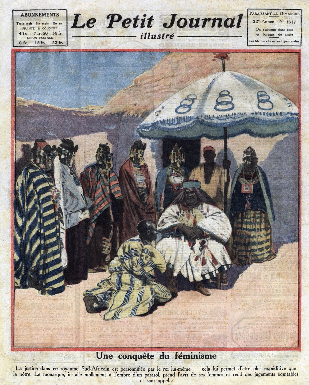 Aplicação da justiça e feminismo nos países africanos negros: um rei sul-africano consulta as suas mulheres antes de emitir um julgamento. Ilustração retirada do "Le petit journal" de 18/12/1921 Privee Collection de Anonymous Anonymous