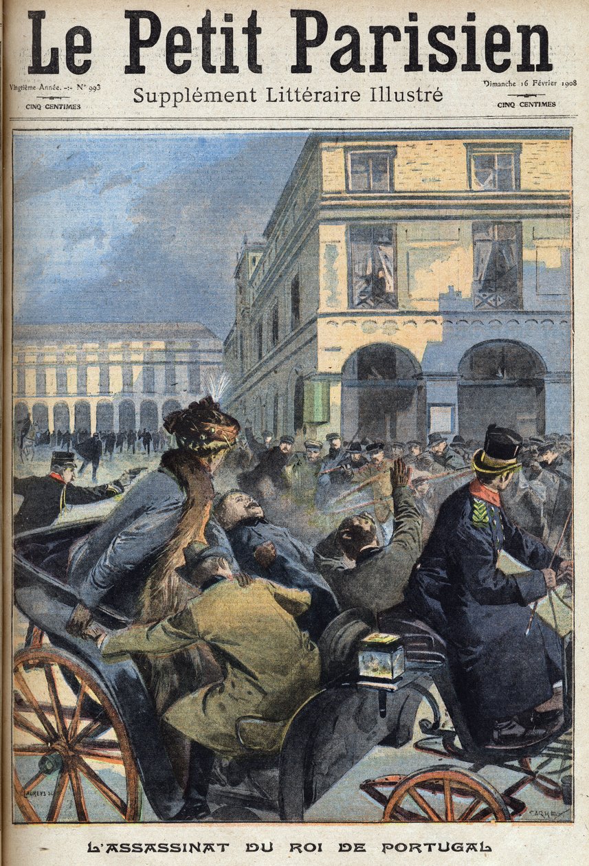 O Rei Carlos I de Portugal (1863-1908) e o Príncipe herdeiro Luís Filipe foram assassinados em Lisboa pelos republicanos em 1 de Fevereiro de 1908. Um dos jornais "Le petit parisien" em 16/02/1908. Colecção privada. de Anonymous Anonymous