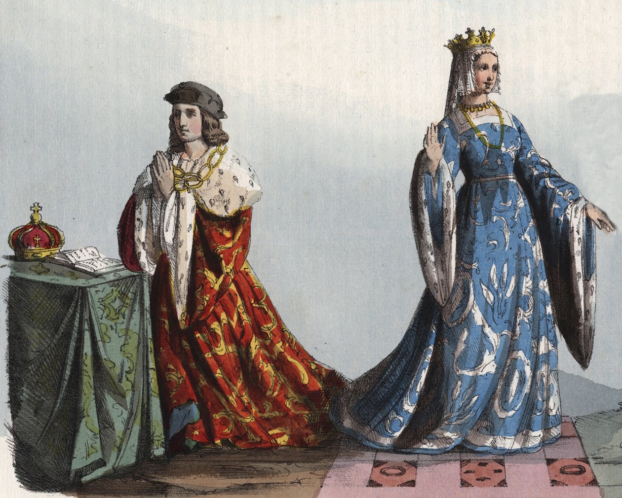 Rei Henrique VI de Inglaterra e sua Rainha Consorte Margarida de Anjou - Henrique VI de Inglaterra (1421 - 1471) e Margarita de Anjou (1429 - 1482) - gravura de "Usi e Costumi di Tutti i Popoli dell