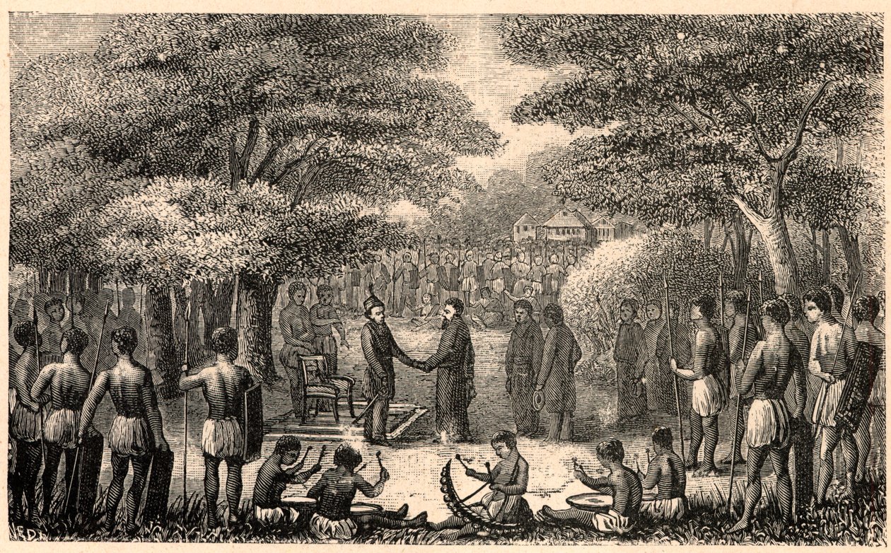 O rei Lebuschi dá as boas-vindas a Henri Depelchin (1822-1900), missionário jesuíta e primeiro superior da missão do Alto Zambeze em África. Gravura em "Les Missions Catholiques au XIXeme Siecle" de Louis-Eugene (Louis Eugene) Louvet. colecção privada. de Anonymous Anonymous