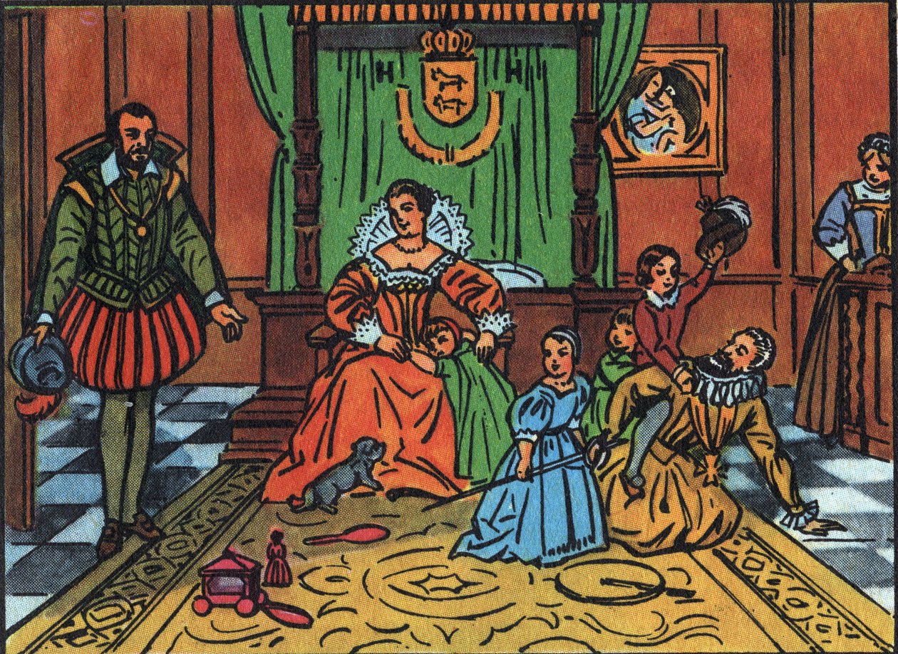 Rei de França Henrique IV (1553-1610) brincando com seus filhos na frente do embaixador espanhol No centro, Rainha Maria de Medicis, as crianças são Luís XIII, Isabel de França, Christine de França e Nicolau. Ilustração anónima em "Collectio de Anonymous Anonymous