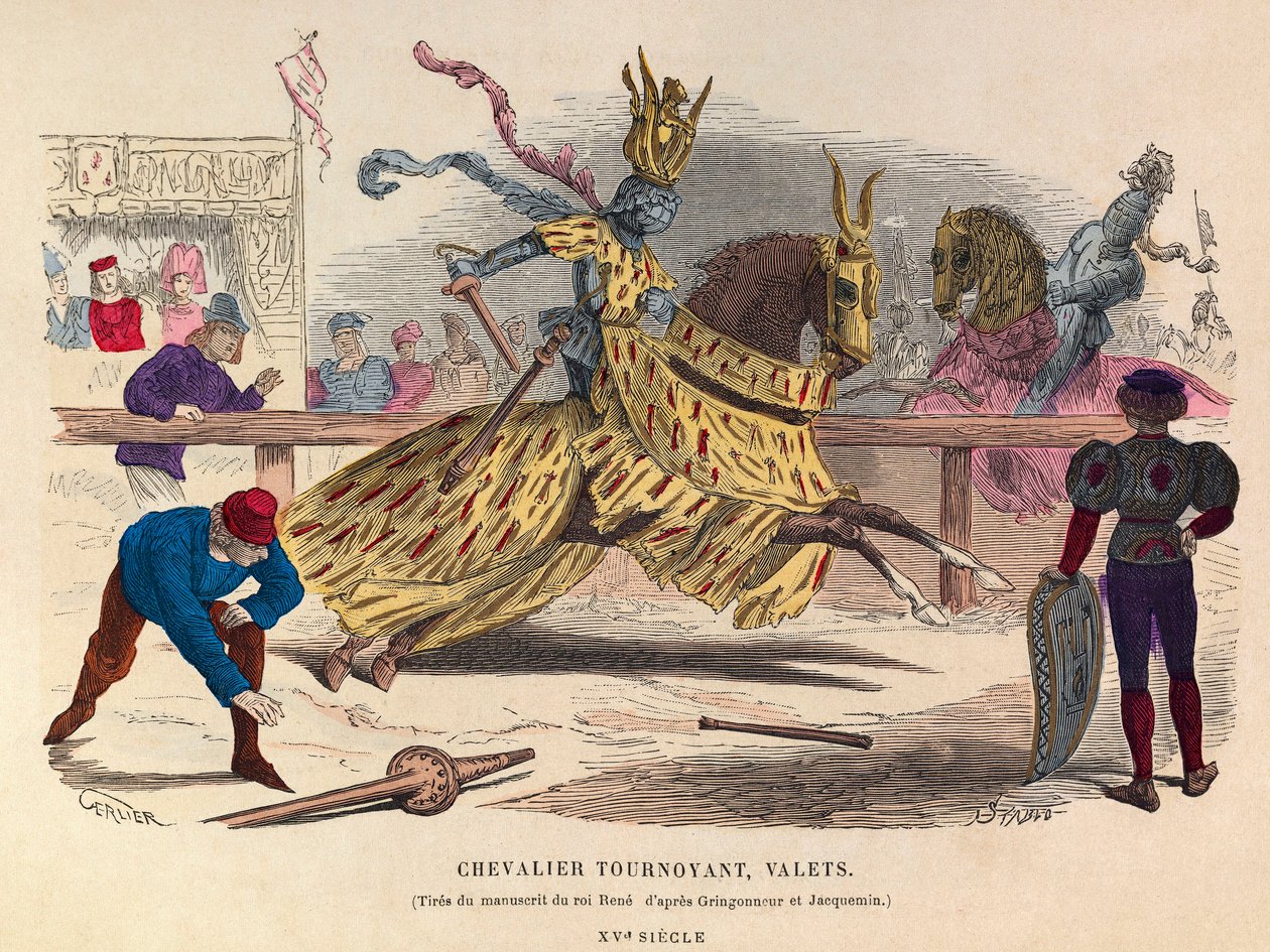 Cavaleiros e manobristas num torneio em Paris, no século XV - gravura - Cavaleiro e manobrista de Jousting de Anonymous Anonymous