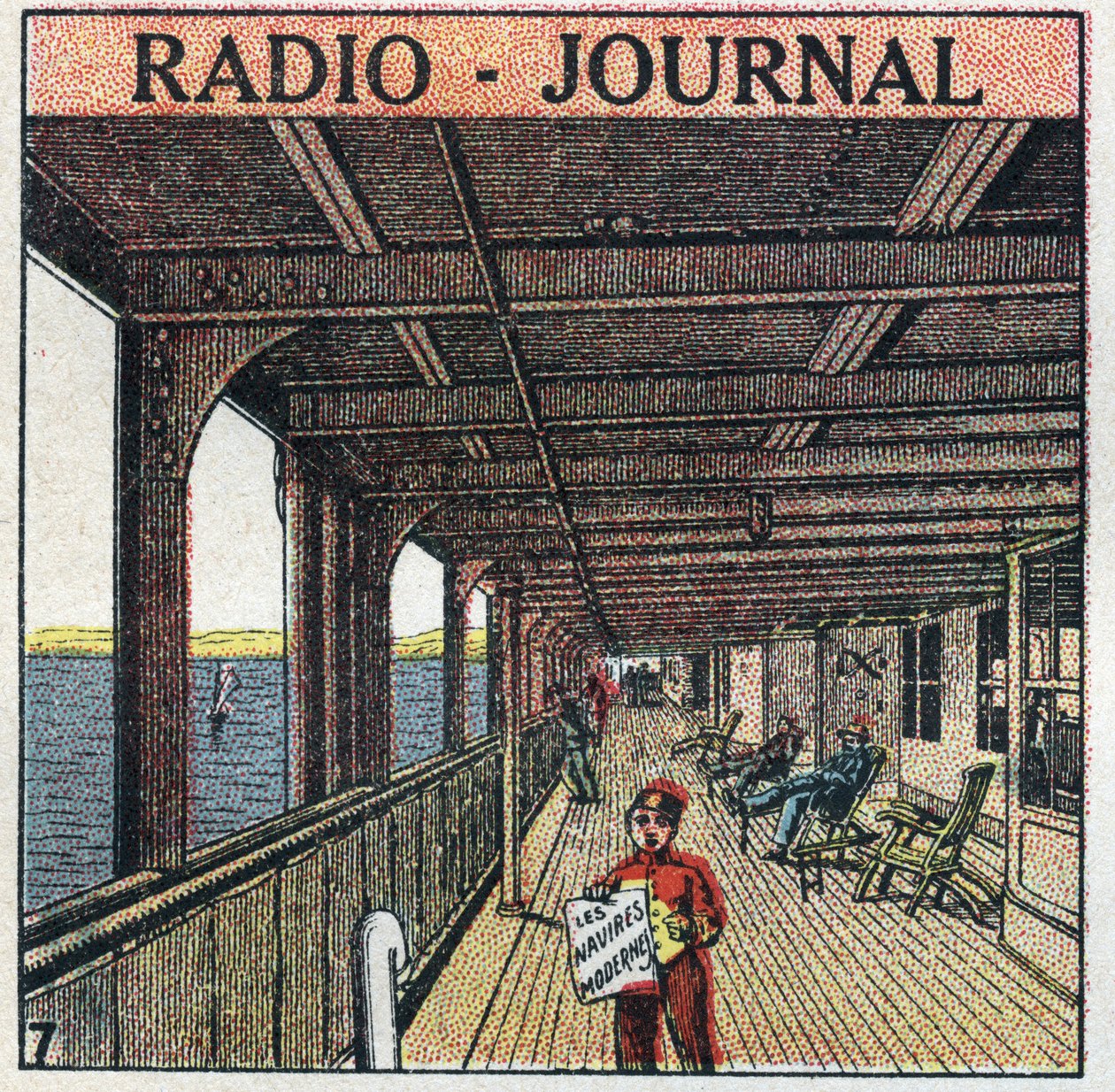 La T.S.F.: rádio - jornal. Vendedor de jornais em um transatlântico. Ilustração anónima de 1925. Colecção privada. de Anonymous Anonymous