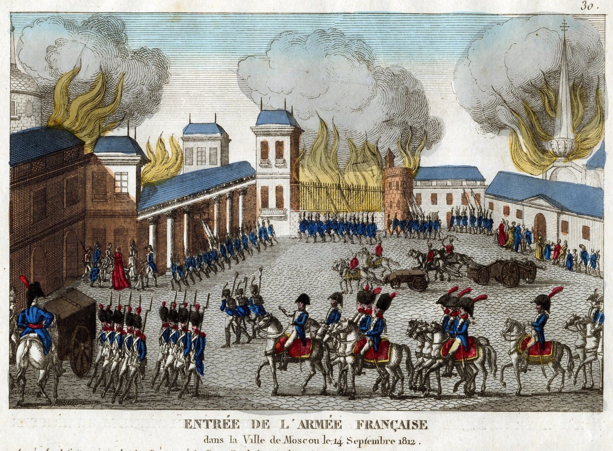 A captura de Moscovo pelo exército de Napoleão I em 14 de Setembro de 1812 - A Grande Armee entra na cidade de Moscovo - Anónimo - 1812 - Gravura, aguarela - 23,4x28,6 - Colecção Privada de Anonymous Anonymous