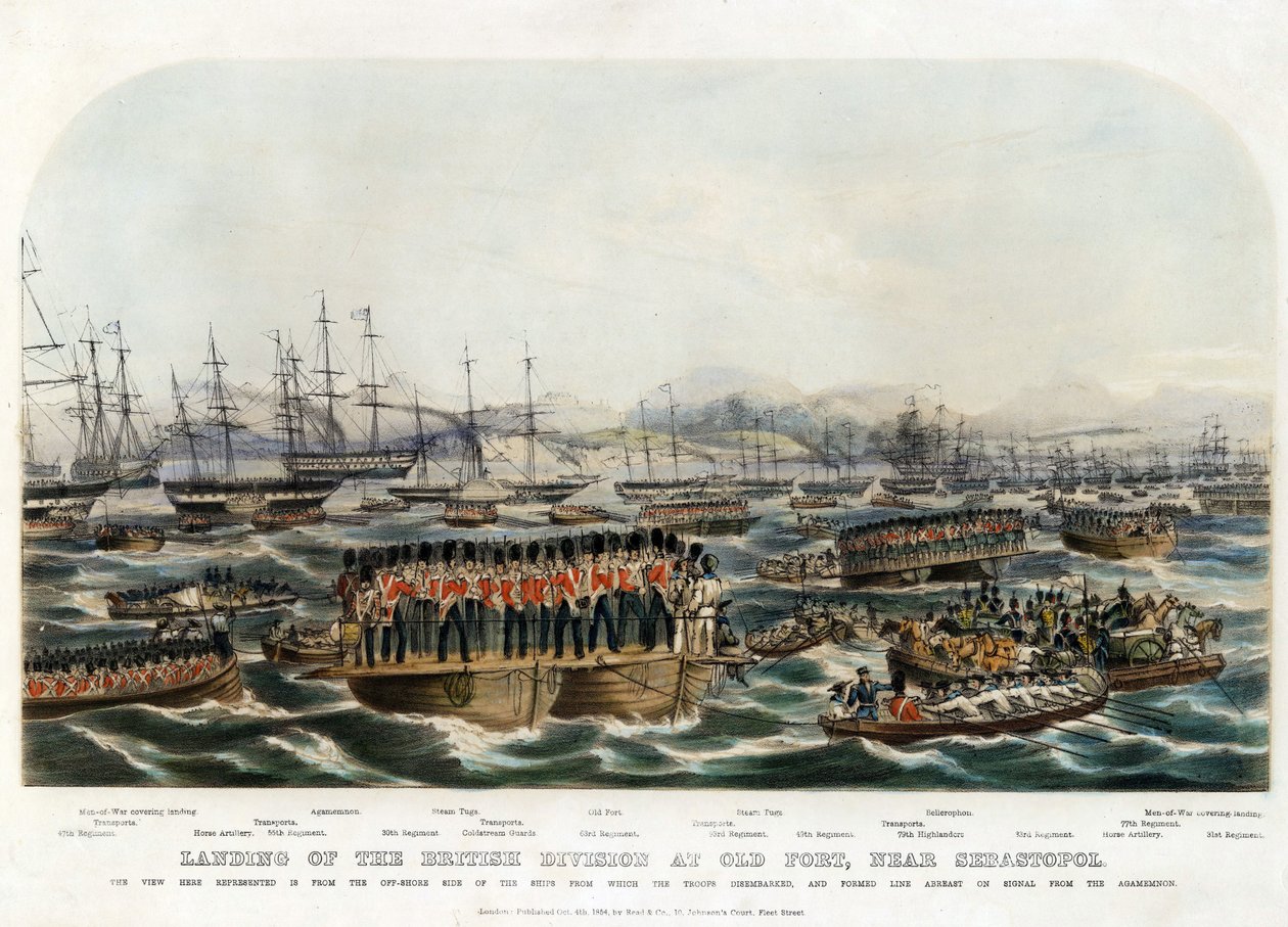 Aterragem da Divisão Britânica em Old Fort, perto de Sevastopol - Anónimo - 1854 - Litografia a cores - 29,8x42 - Colecção Privada de Anonymous Anonymous
